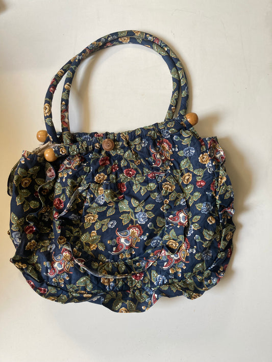 Vintage Fabric Knitting Craft Storage Bag Lined Wooden Handles Floral Pockets - Bloom & Heirloom Vintage Decor