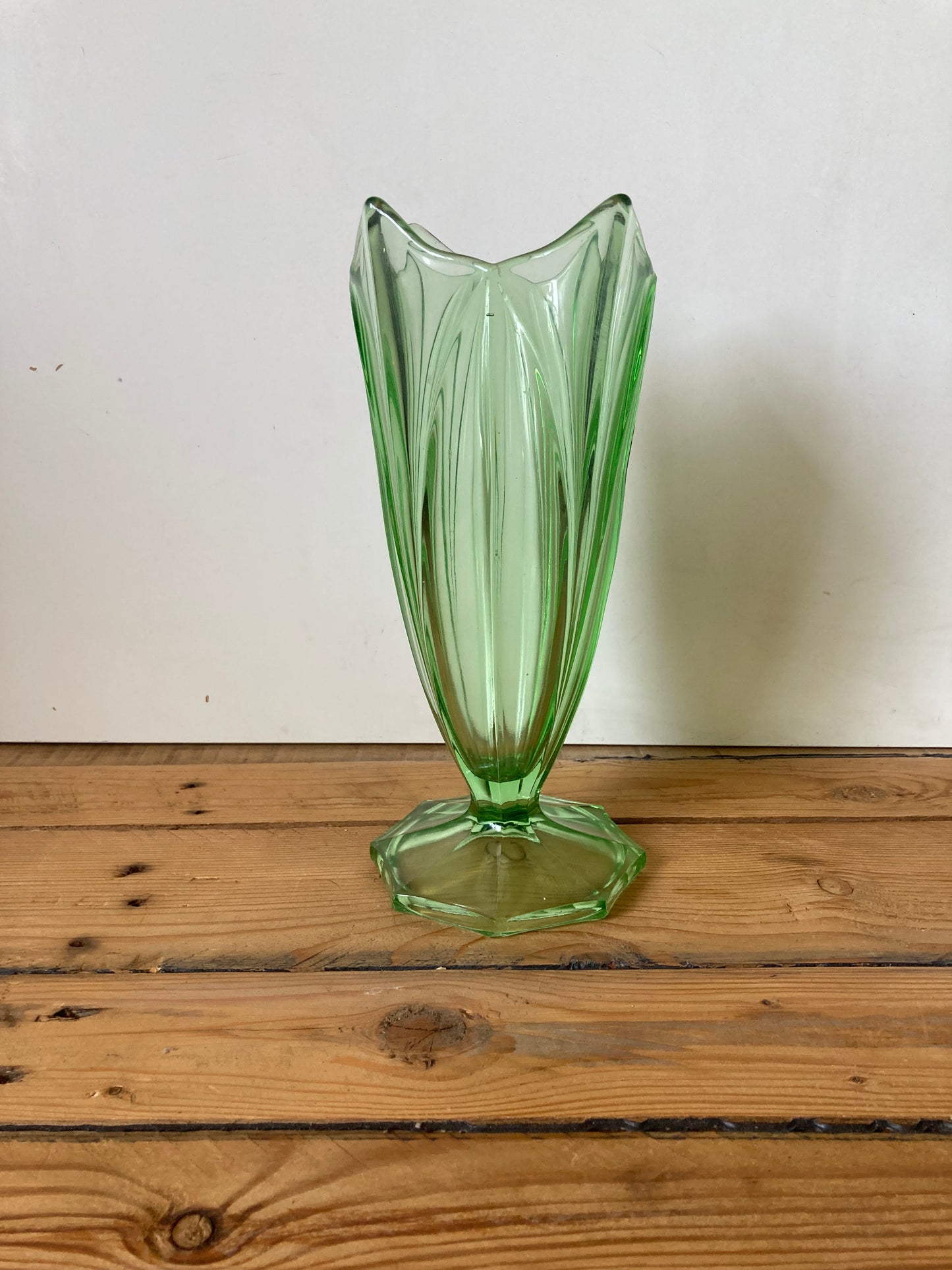 Vintage Art Deco Uranium Glass Tulip Vase | Green Czech Style Pressed Glass c.1930s