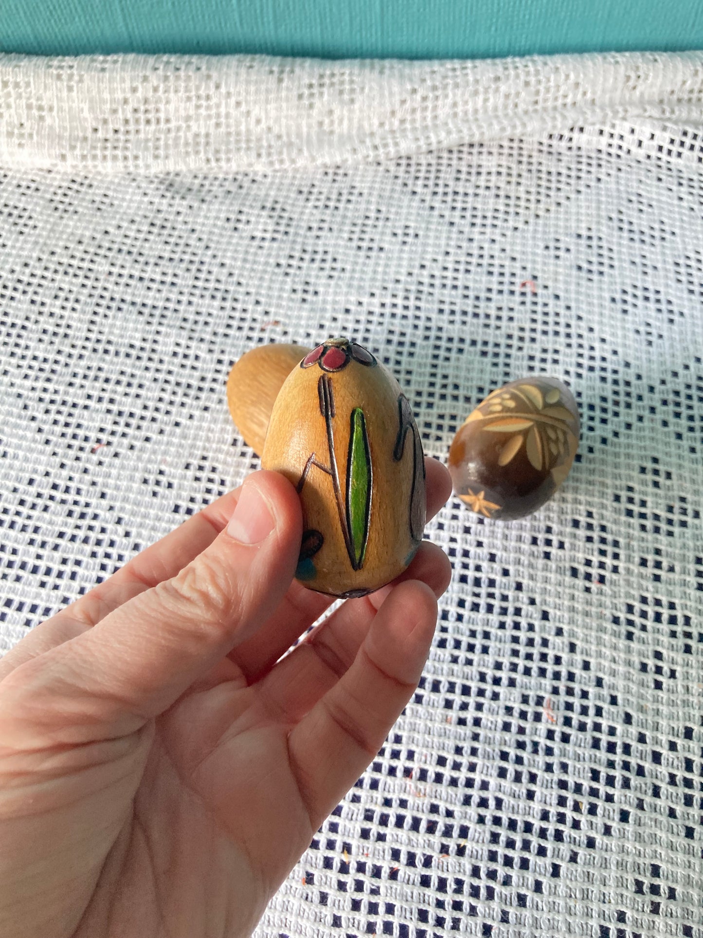 Hand Carved Decorated Wooden Egg Trio