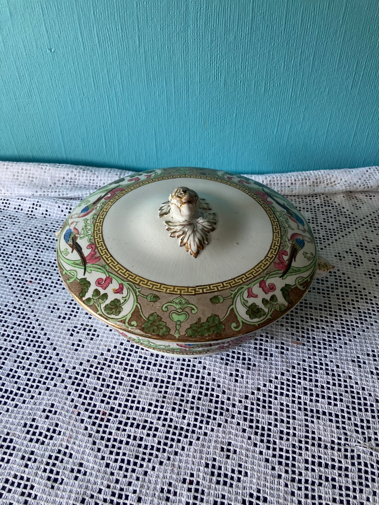 1920s Adderley Ltd Bone China Lidded Vegetable Bowl, Bird Motif with Gold Rim