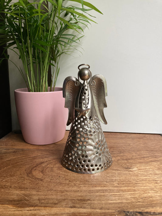 Angel With Star Metal Tea light Candle Holder Pewter Colour Christmas Decor