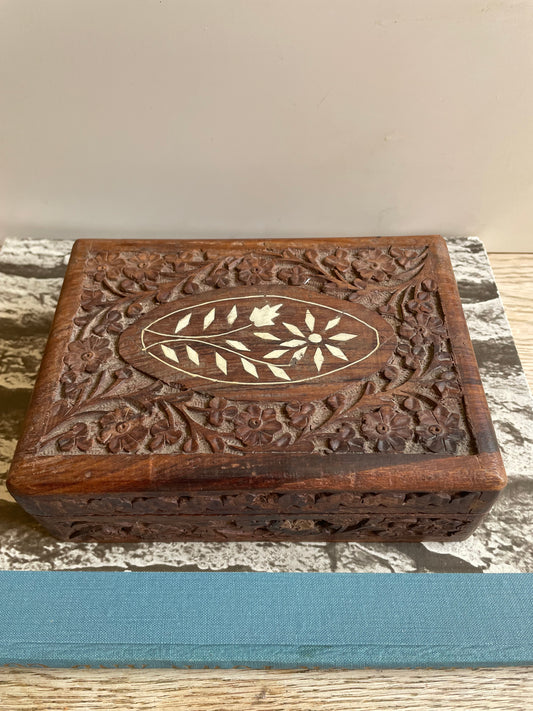 Wooden Jewelry Box Hand Carved  With Inlayed Top Gift Decor Display Boho