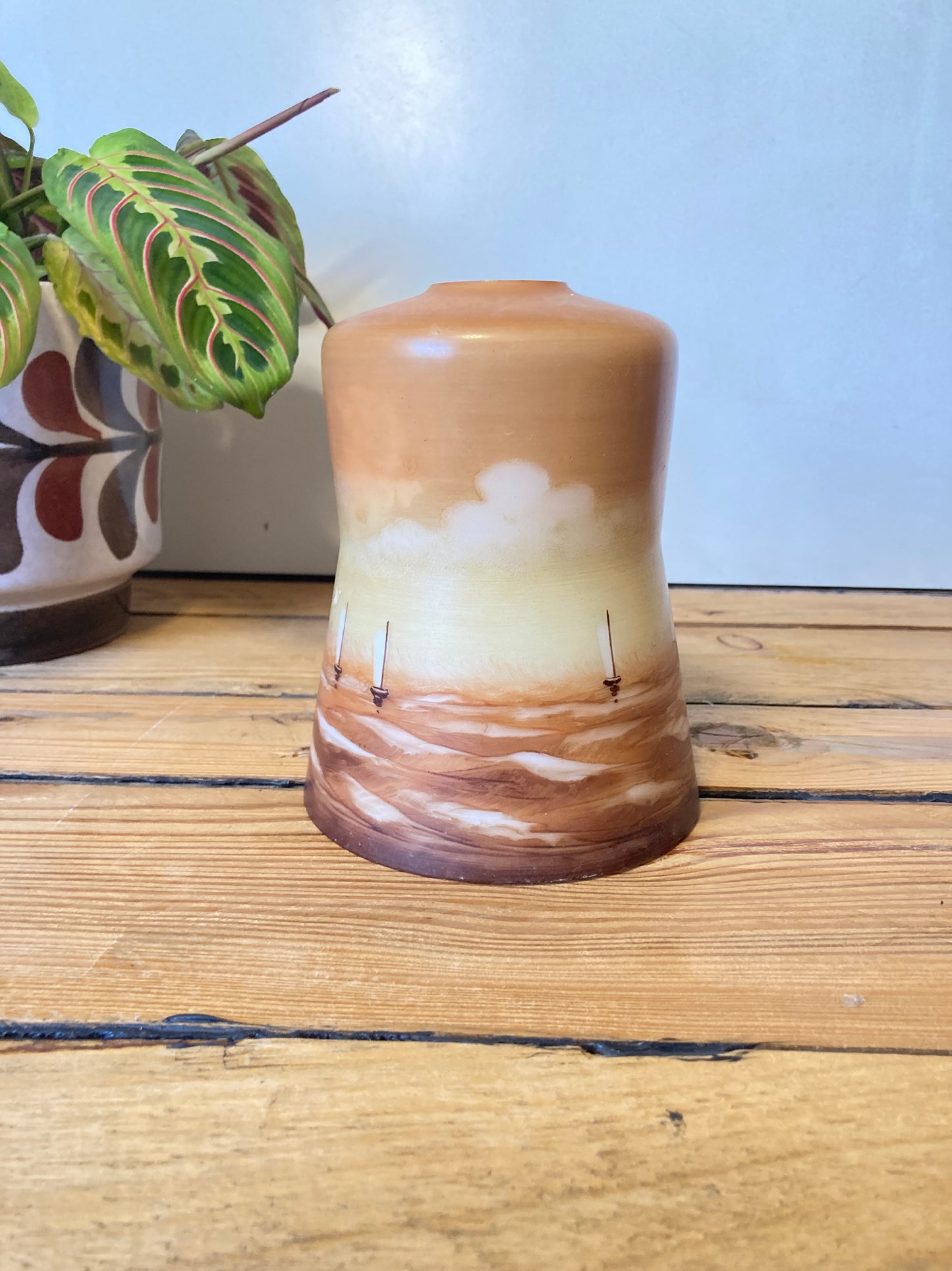 Vintage Hand Painted Glass Lamp Shade Nautical Sailboat Amber Brown