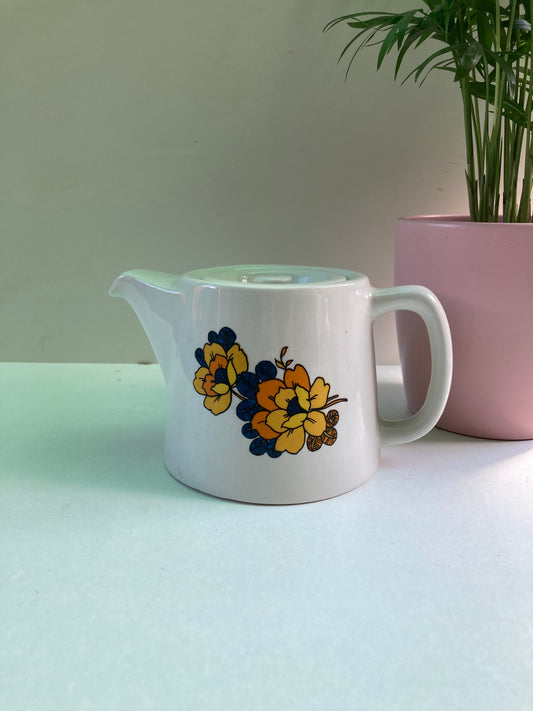 Retro Flat Top Tea Pot Orange Blue Flower Pattern 2 Cup Pot Vintage Kitchen