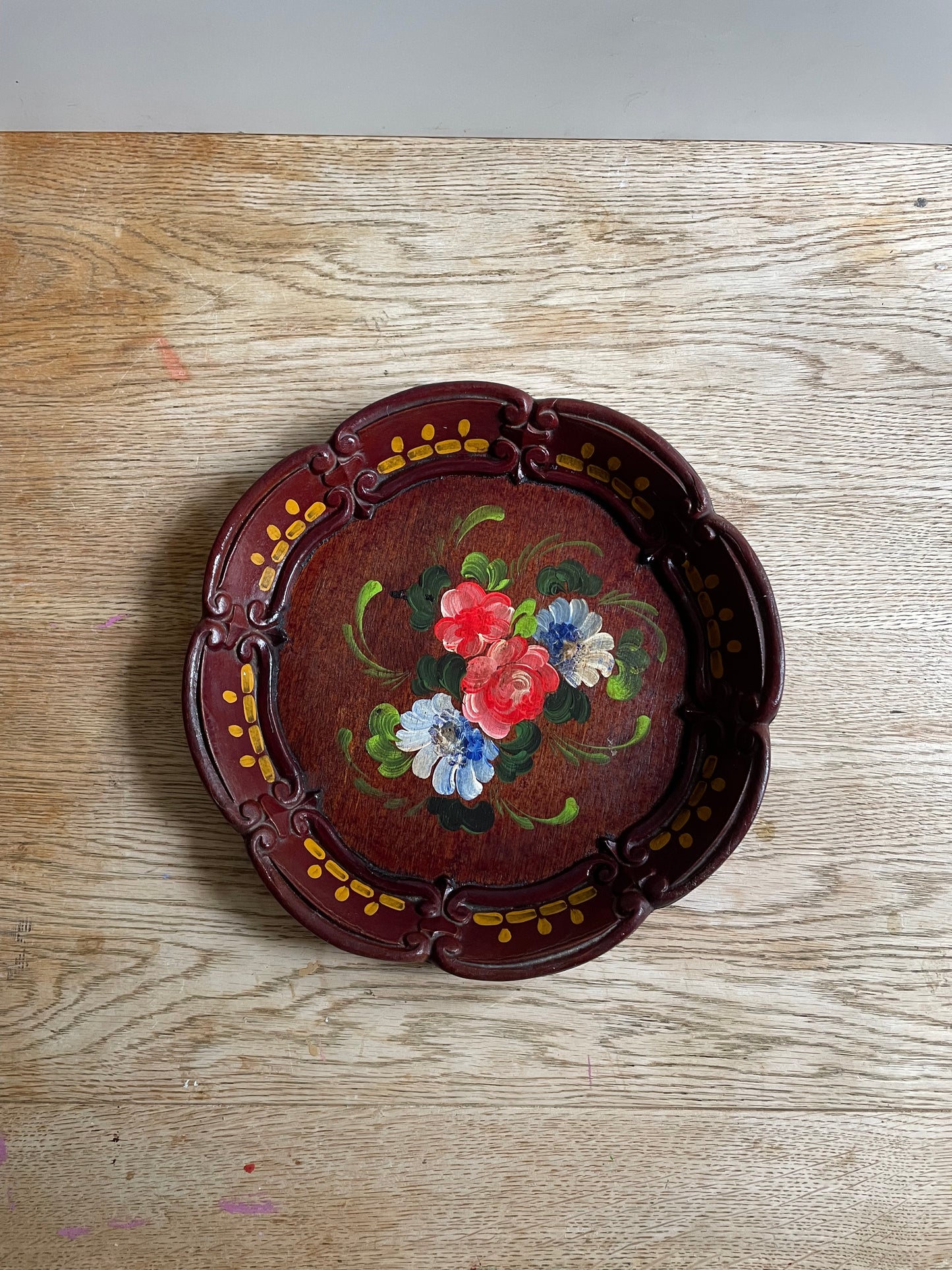 Vintage Huber Family Bavaria Hand Carved Floral Painted Wooden Platter Tray