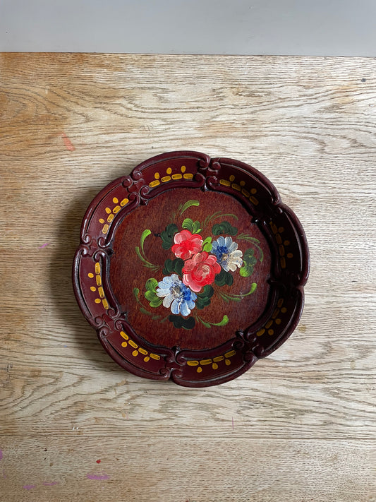 Vintage Huber Family Bavaria Hand Carved Floral Painted Wooden Platter Tray