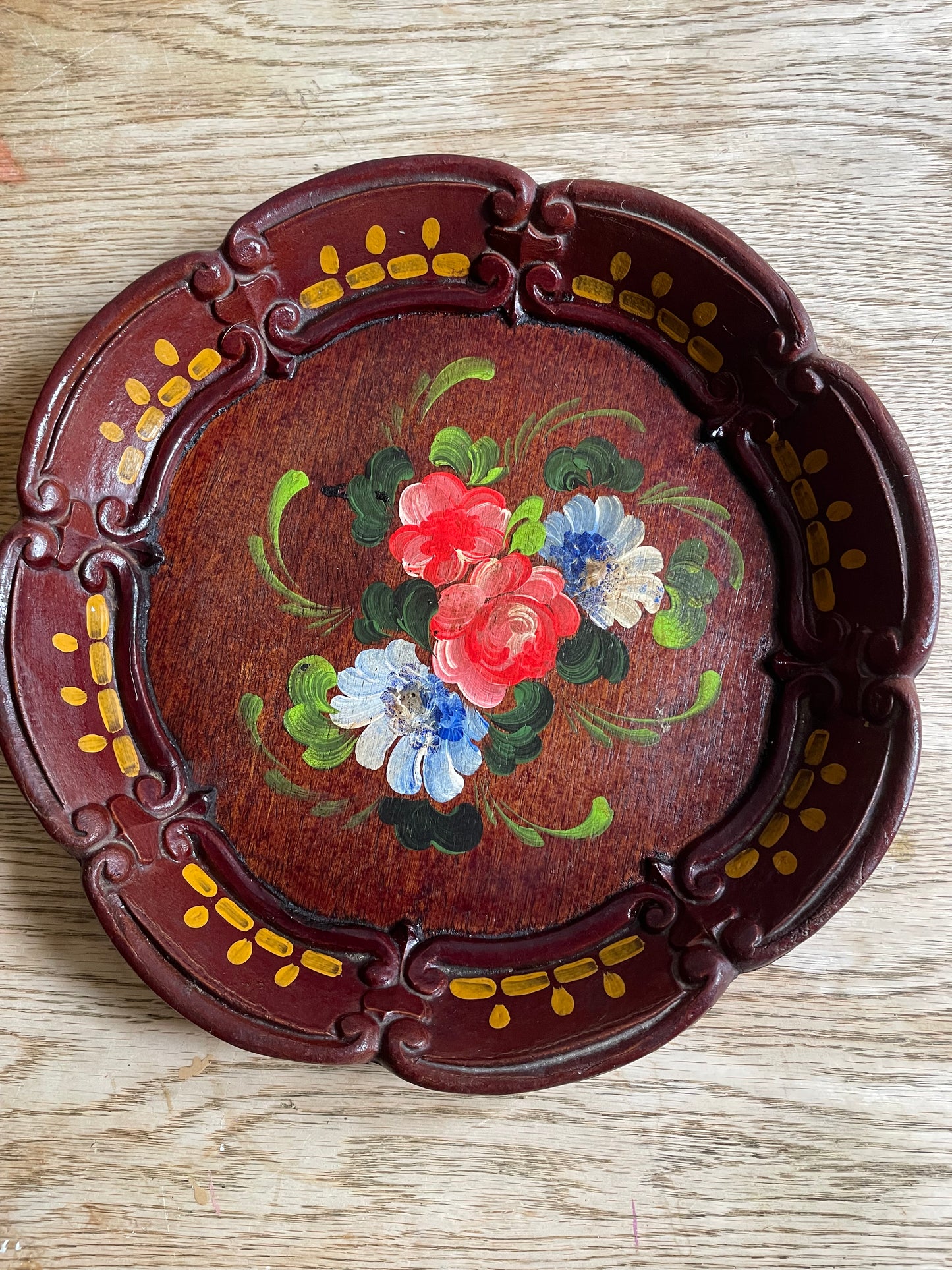 Vintage Huber Family Bavaria Hand Carved Floral Painted Wooden Platter Tray