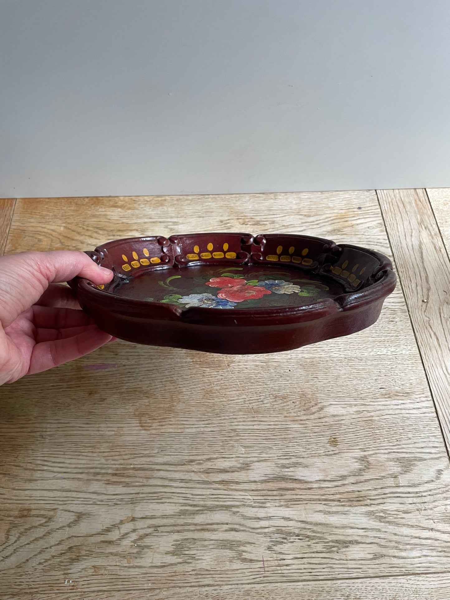 Vintage Huber Family Bavaria Hand Carved Floral Painted Wooden Platter Tray