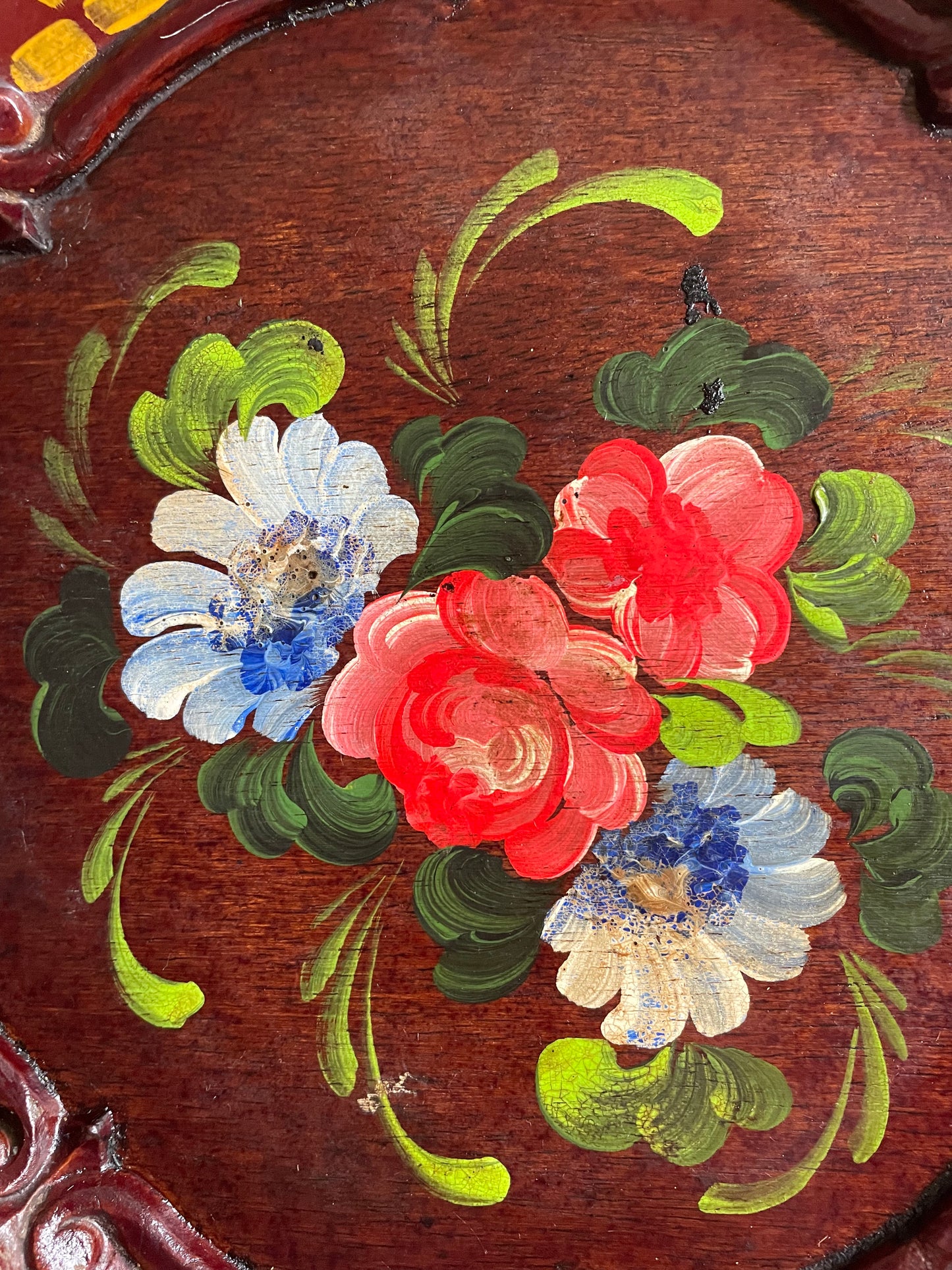Vintage Huber Family Bavaria Hand Carved Floral Painted Wooden Platter Tray