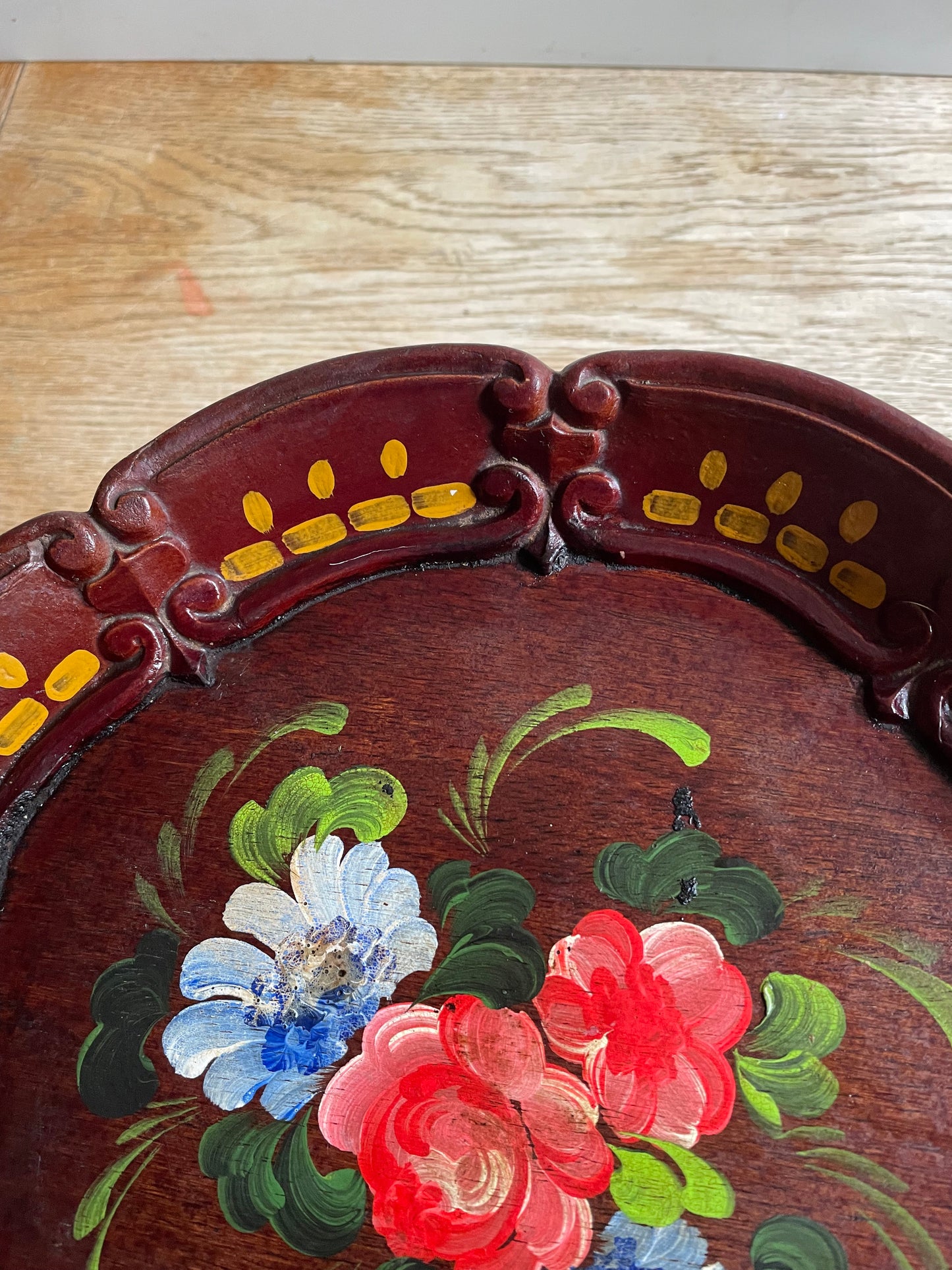 Vintage Huber Family Bavaria Hand Carved Floral Painted Wooden Platter Tray