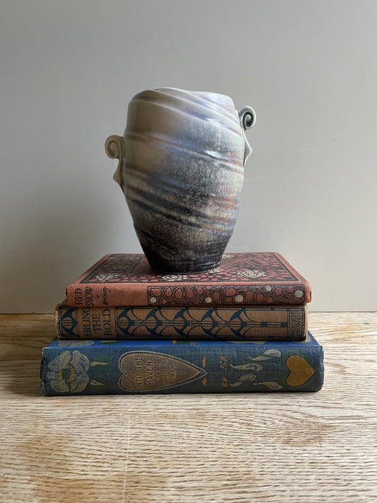 Small SylvaC Shell Vase Handled Pink Grey Iridescent Glaze Vintage