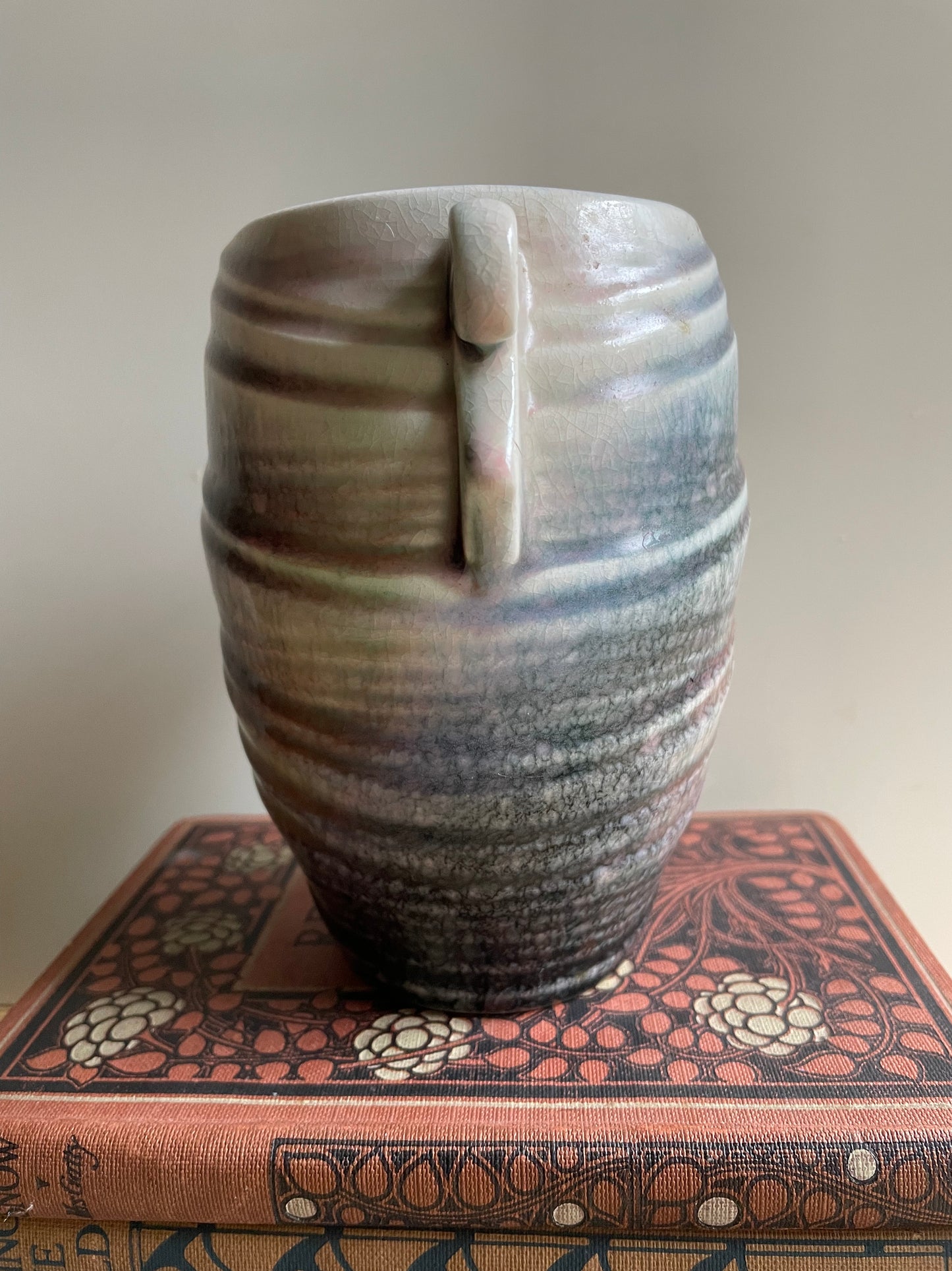 Small SylvaC Shell Vase Handled Pink Grey Iridescent Glaze Vintage