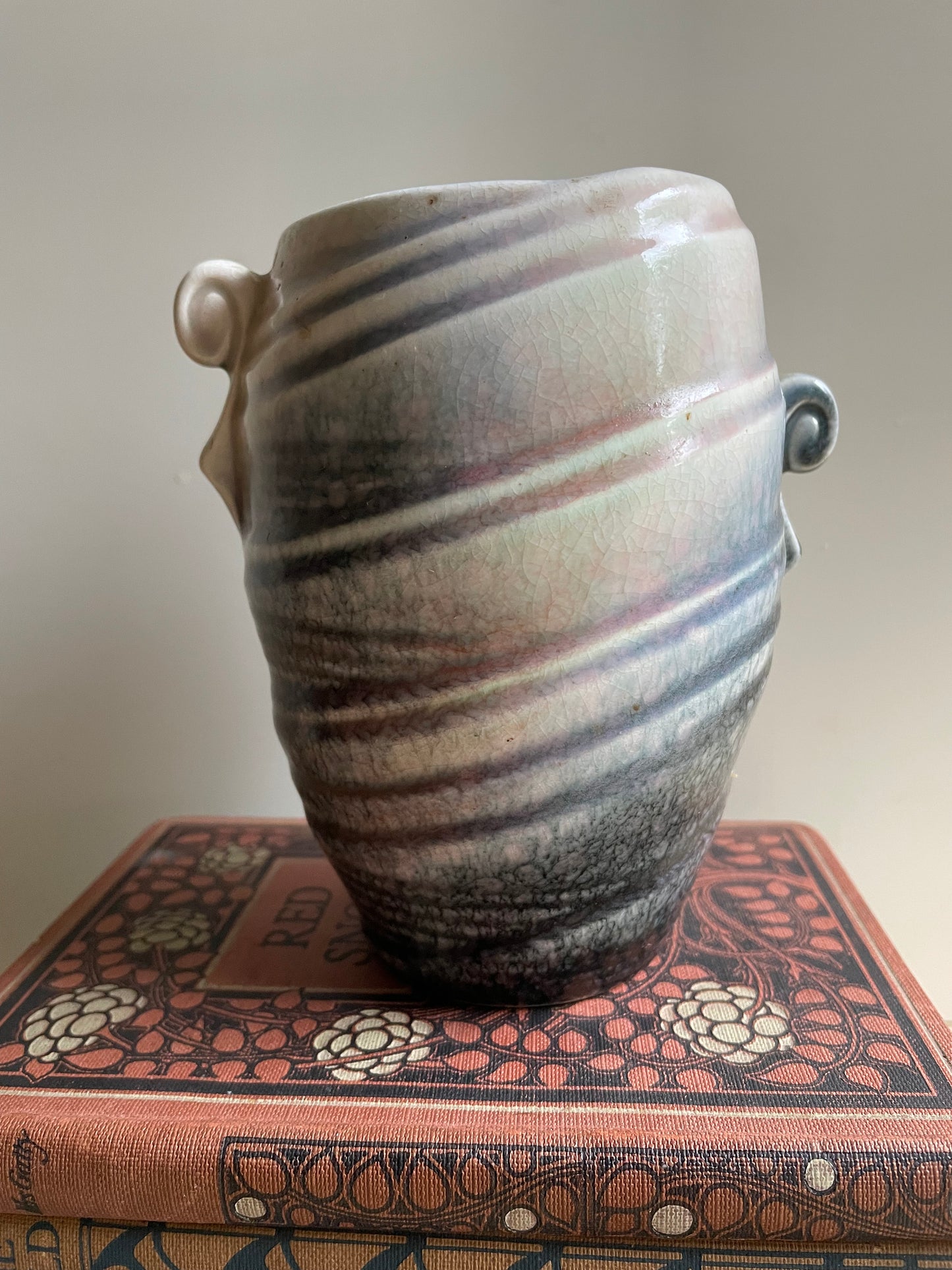 Small SylvaC Shell Vase Handled Pink Grey Iridescent Glaze Vintage