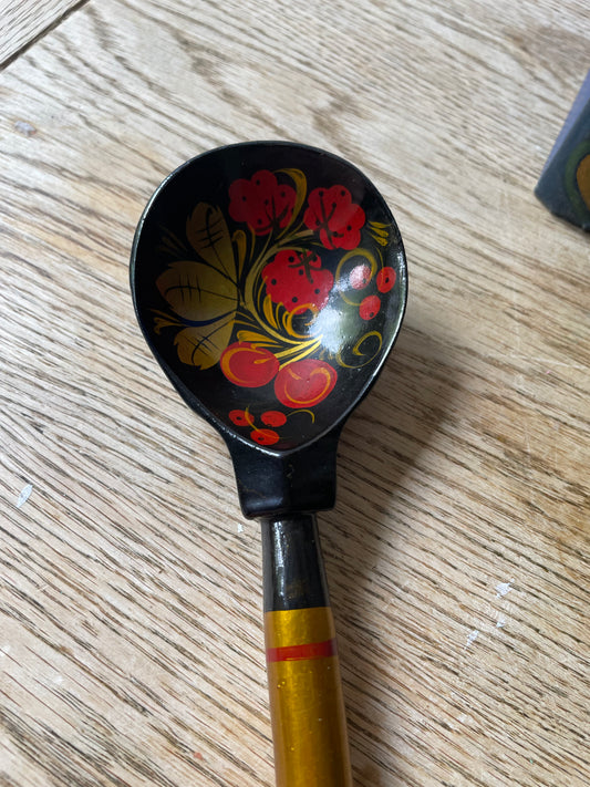 Russian Khokhloma Lacquered Long Handled Spoon Floral Painted Vintage Decor