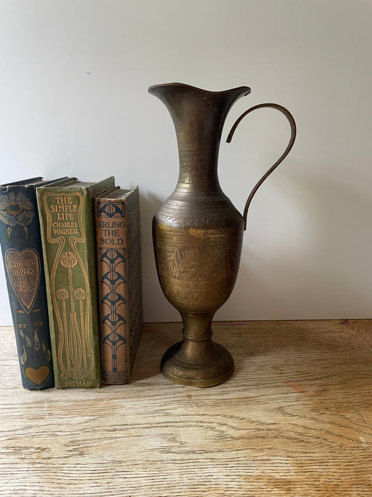 Vintage Etched Copper Pitcher Vase Mantle Decor