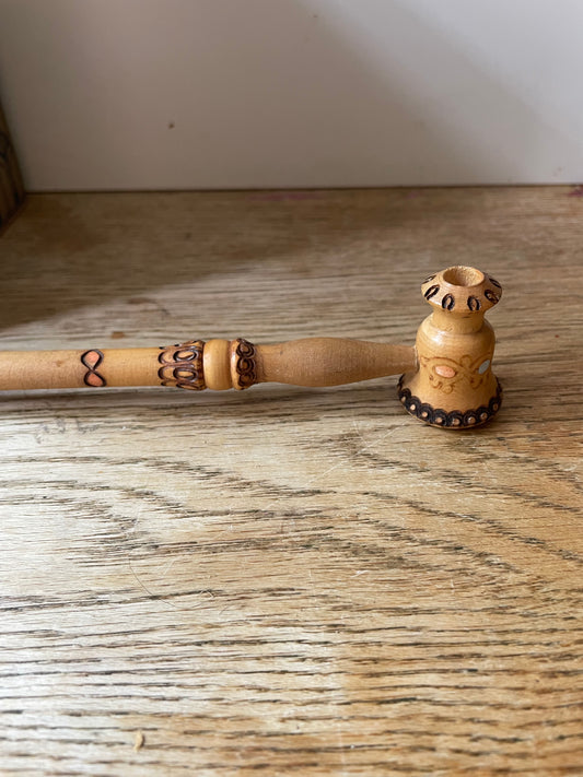 Hand Decorated Wooden Ceremonial Pipe Pyrography Decor