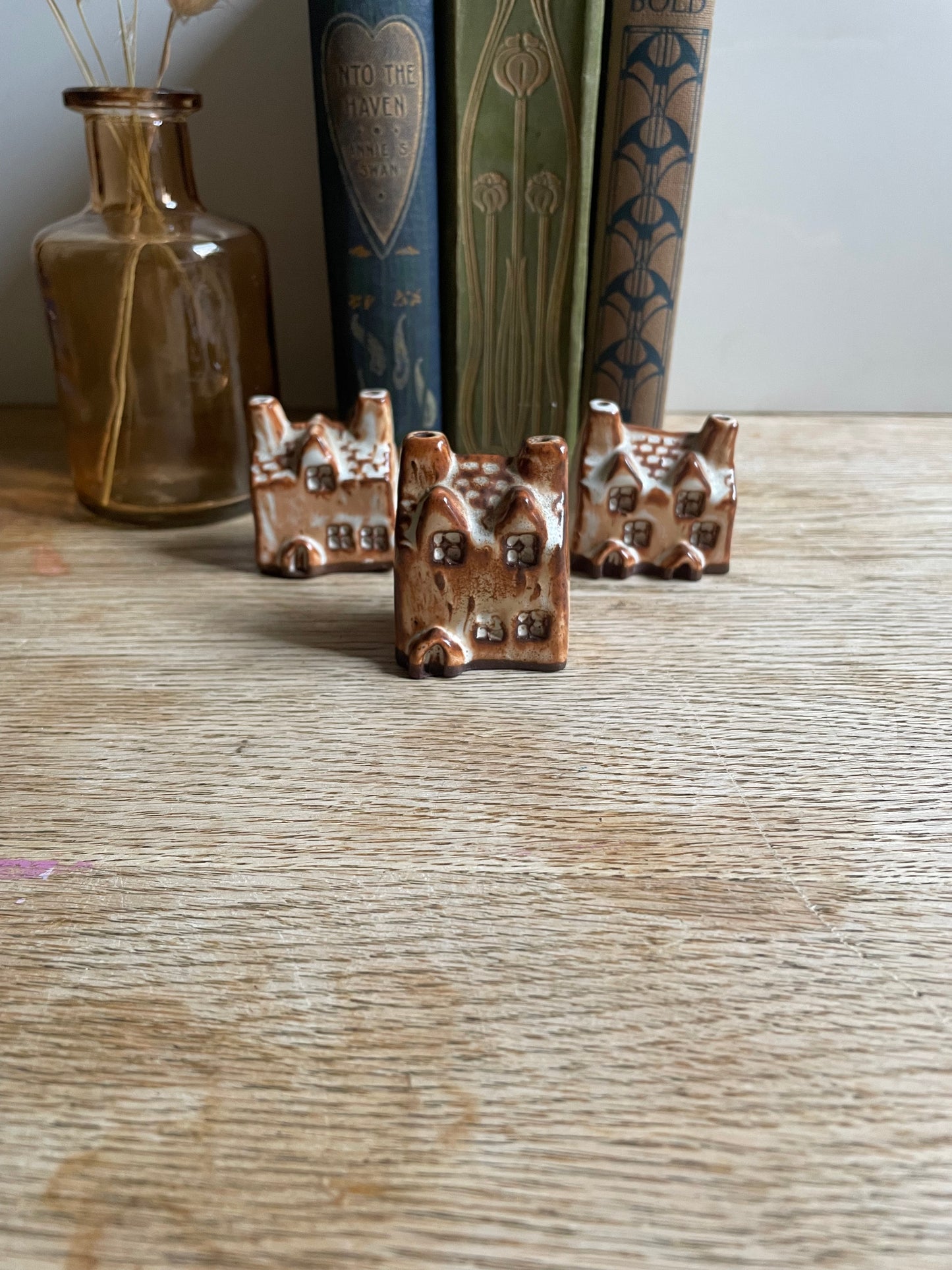Artisan Handmade Miniature House Redware Clay White Glaze Village Set of 3