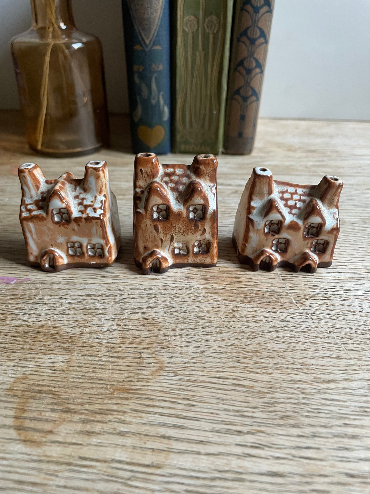 Artisan Handmade Miniature House Redware Clay White Glaze Village Set of 3