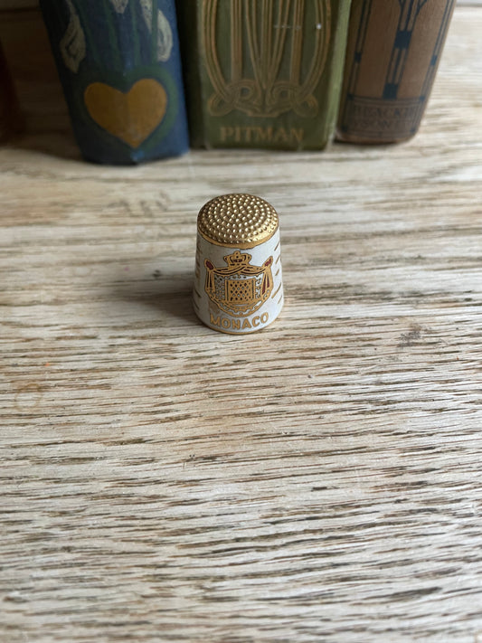 Vintage Cloisonne Thimble Monaco Spell Out Brass