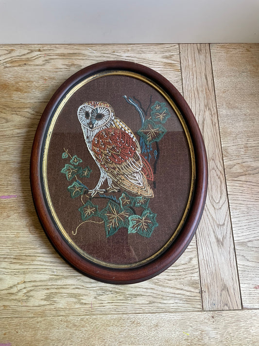 Needlepoint Owl Piece Large Oval Framed Complete CottageCore Wall Art