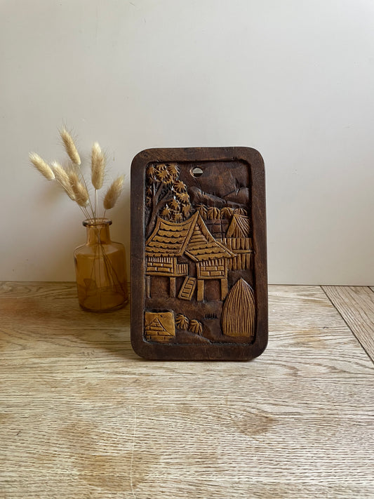 Hand Carved Asian Village Wooden Wall Plaque Detailed Rural Scene
