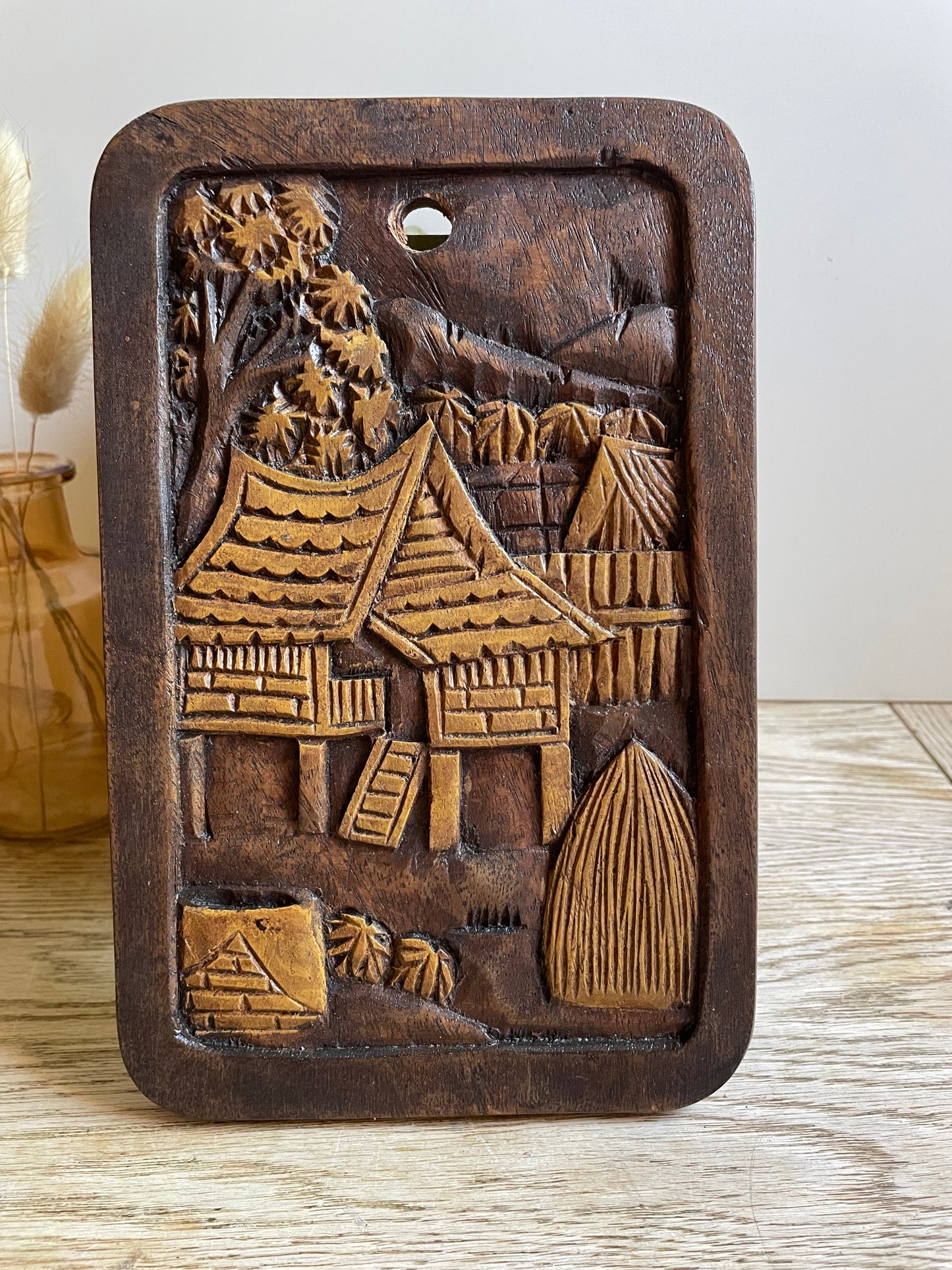 Hand Carved Asian Village Wooden Wall Plaque Detailed Rural Scene