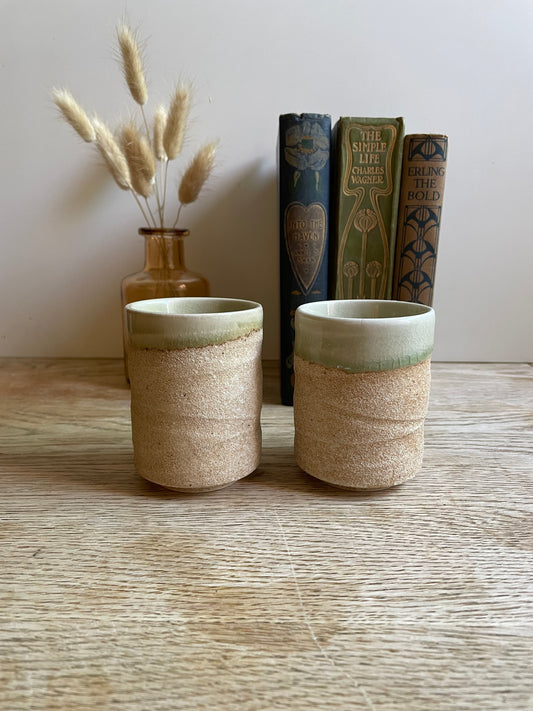 Yunomi Tea Vessels Textured Ceramic Cup Pair Studio Pottery Crackle Glazed Raw Grogged Clay