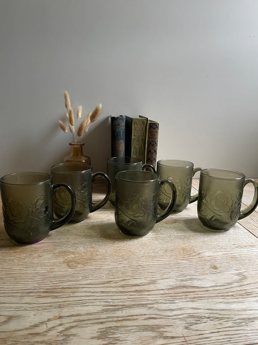 Arcoroc Smoky Glass Mugs Verre Trempe Coffee Cups Set of 6 Floral Pattern