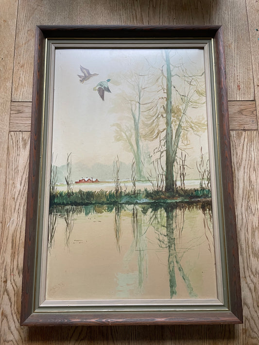 Framed Vintage Print Marsh Landscape with Ducks Flying