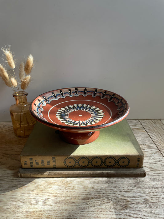 Vintage Troyan Redware Peacock Eye Feather Pedestal Fruit Bowl