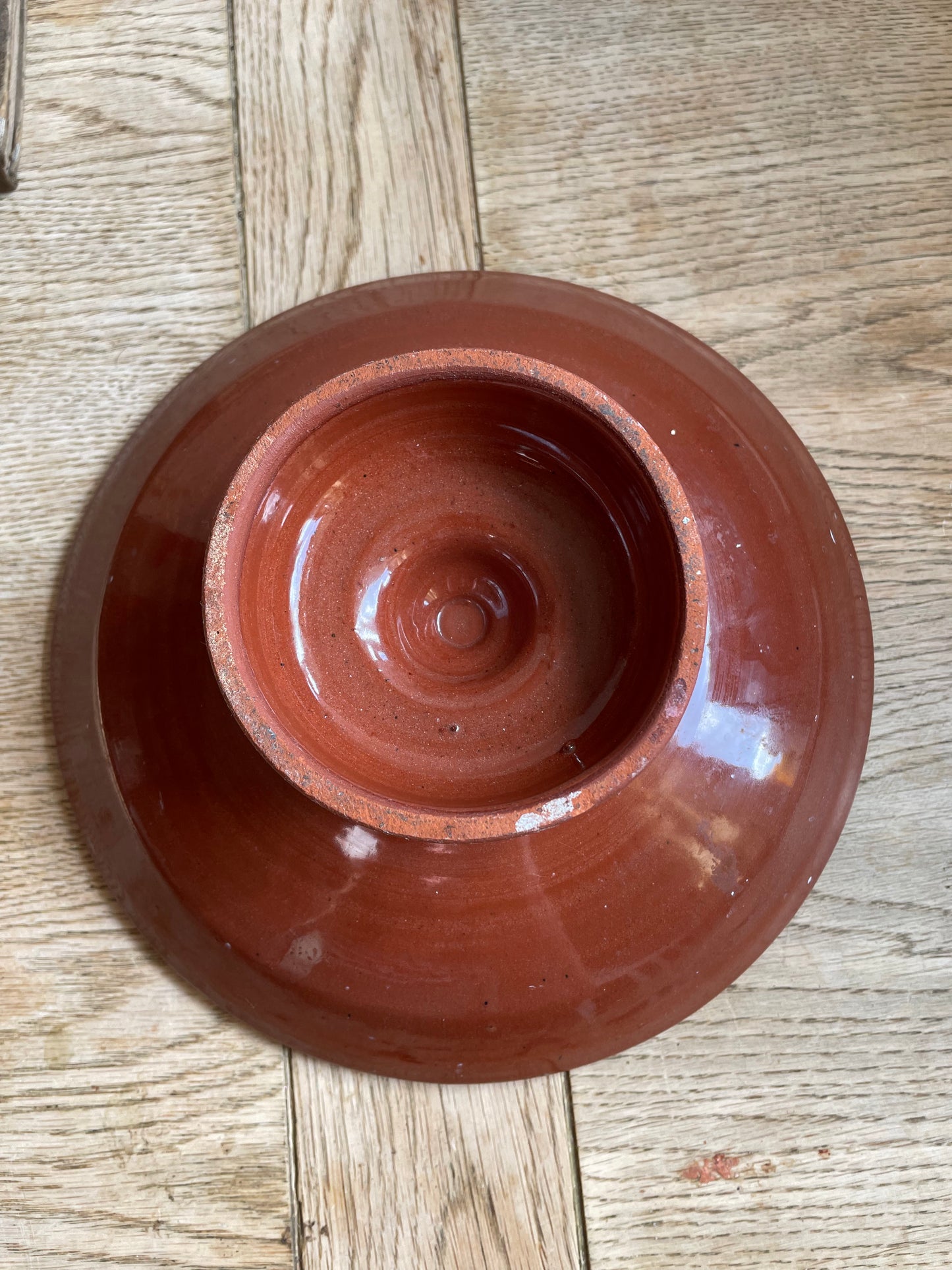 Vintage Troyan Redware Peacock Eye Feather Pedestal Fruit Bowl