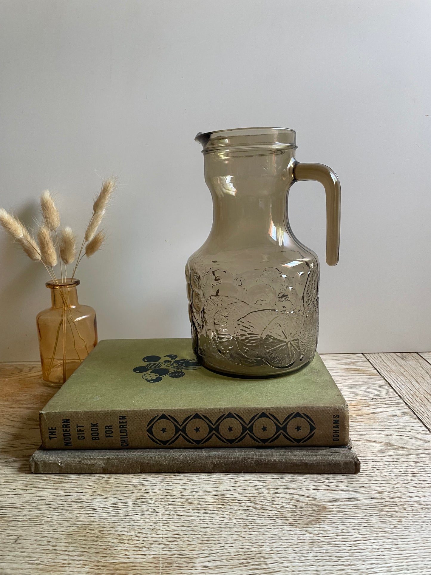 Vintage Italian Smoked Glass Pitcher with Embossed Lemon Design