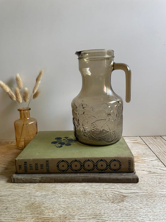 Vintage Italian Smoked Glass Pitcher with Embossed Lemon Design