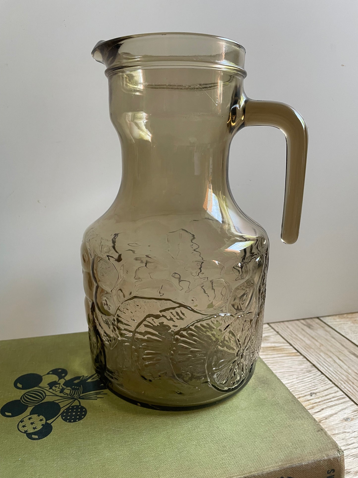 Vintage Italian Smoked Glass Pitcher with Embossed Lemon Design