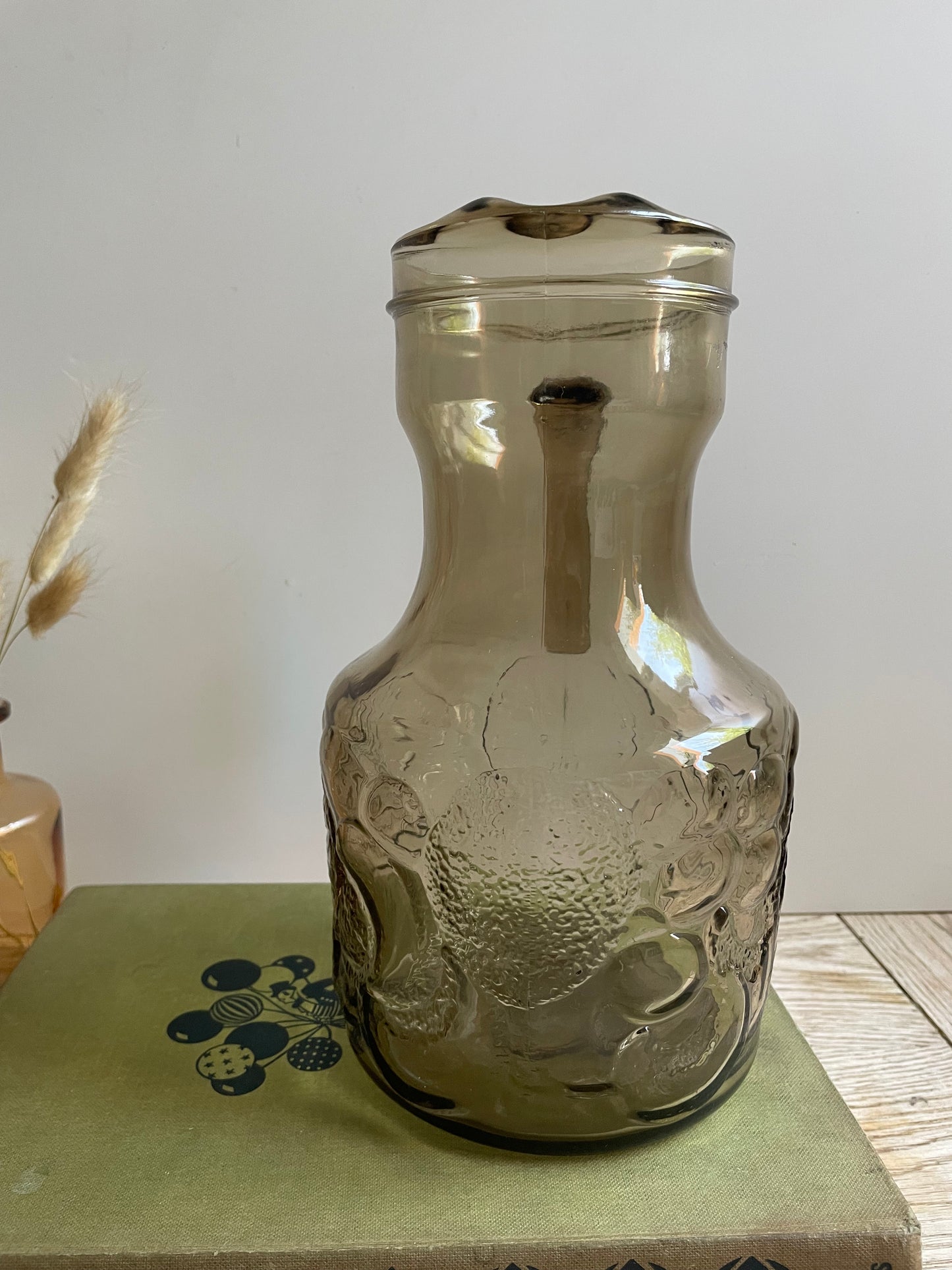 Vintage Italian Smoked Glass Pitcher with Embossed Lemon Design