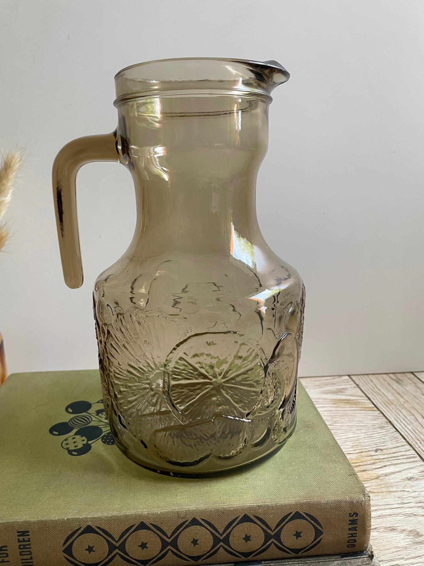 Vintage Italian Smoked Glass Pitcher with Embossed Lemon Design