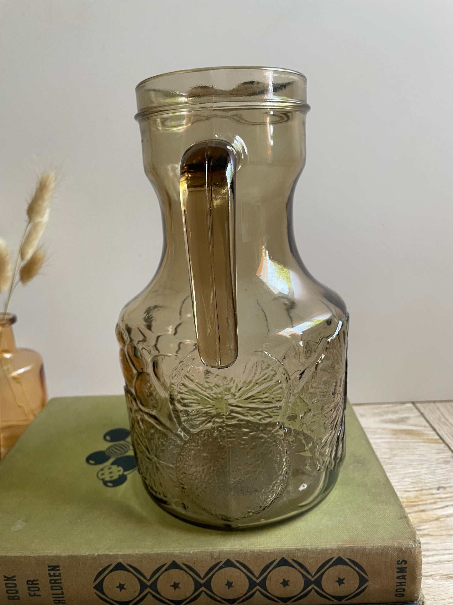 Vintage Italian Smoked Glass Pitcher with Embossed Lemon Design