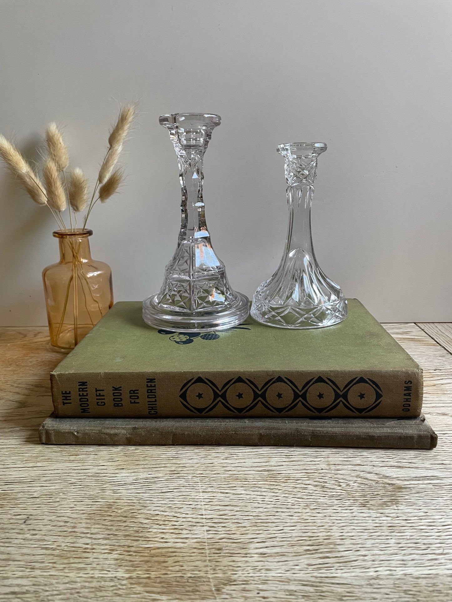 Elegant Pair of Vintage Clear Pressed Glass Candlesticks