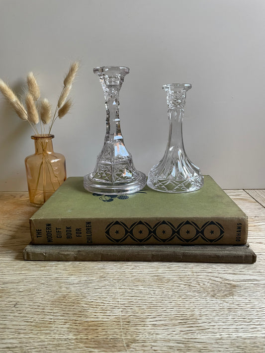 Elegant Pair of Vintage Clear Pressed Glass Candlesticks