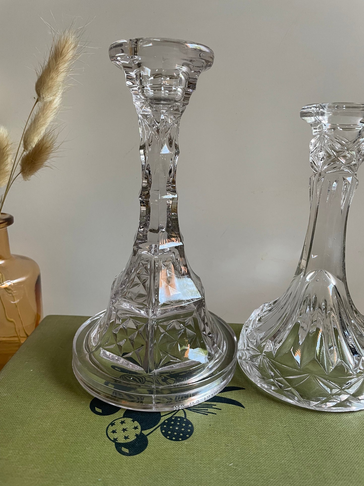 Elegant Pair of Vintage Clear Pressed Glass Candlesticks
