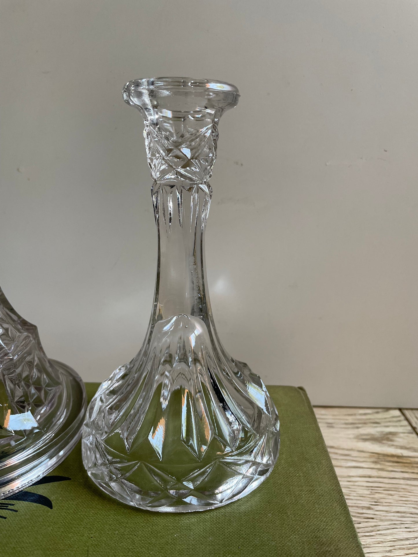 Elegant Pair of Vintage Clear Pressed Glass Candlesticks