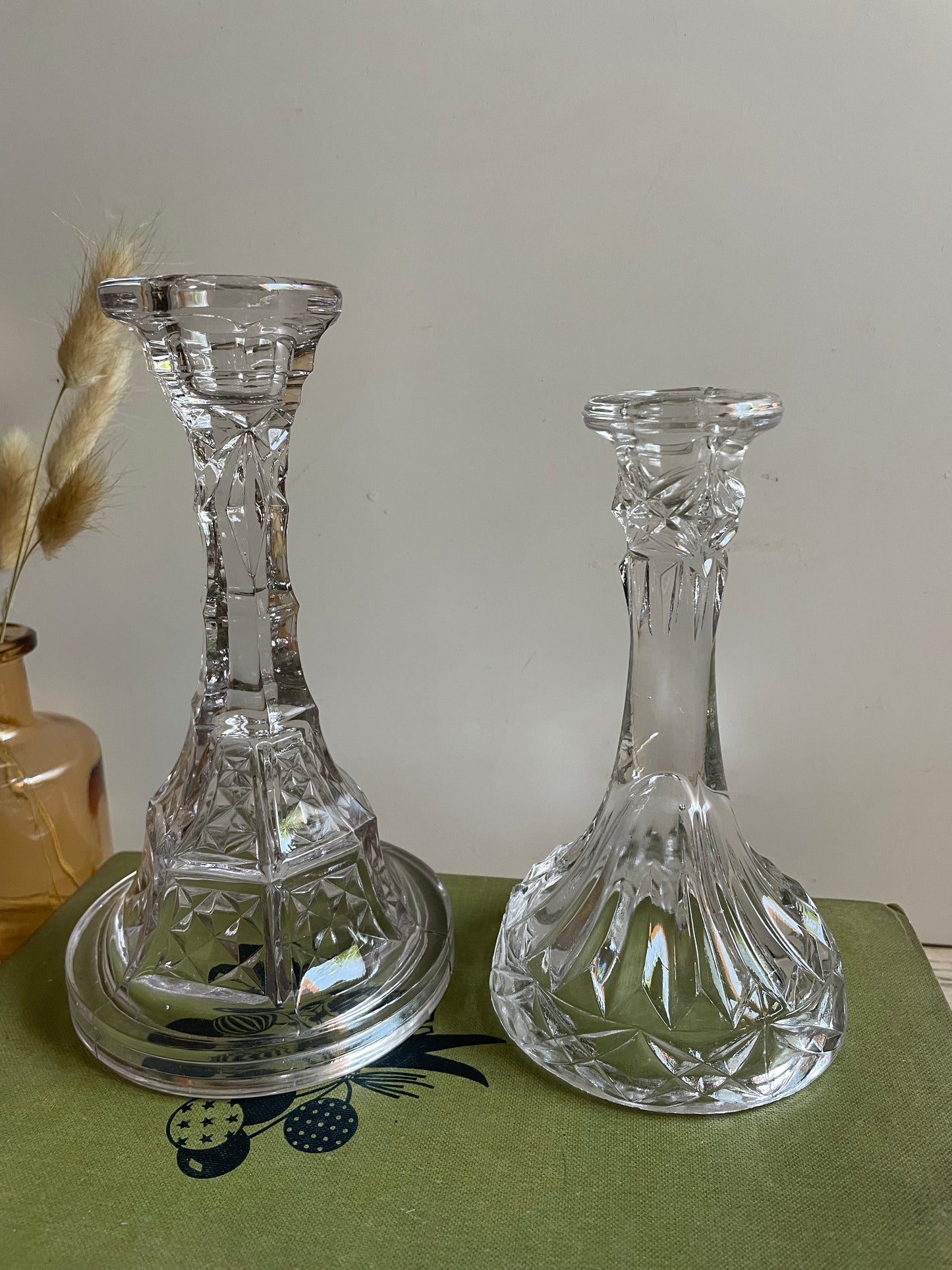 Elegant Pair of Vintage Clear Pressed Glass Candlesticks