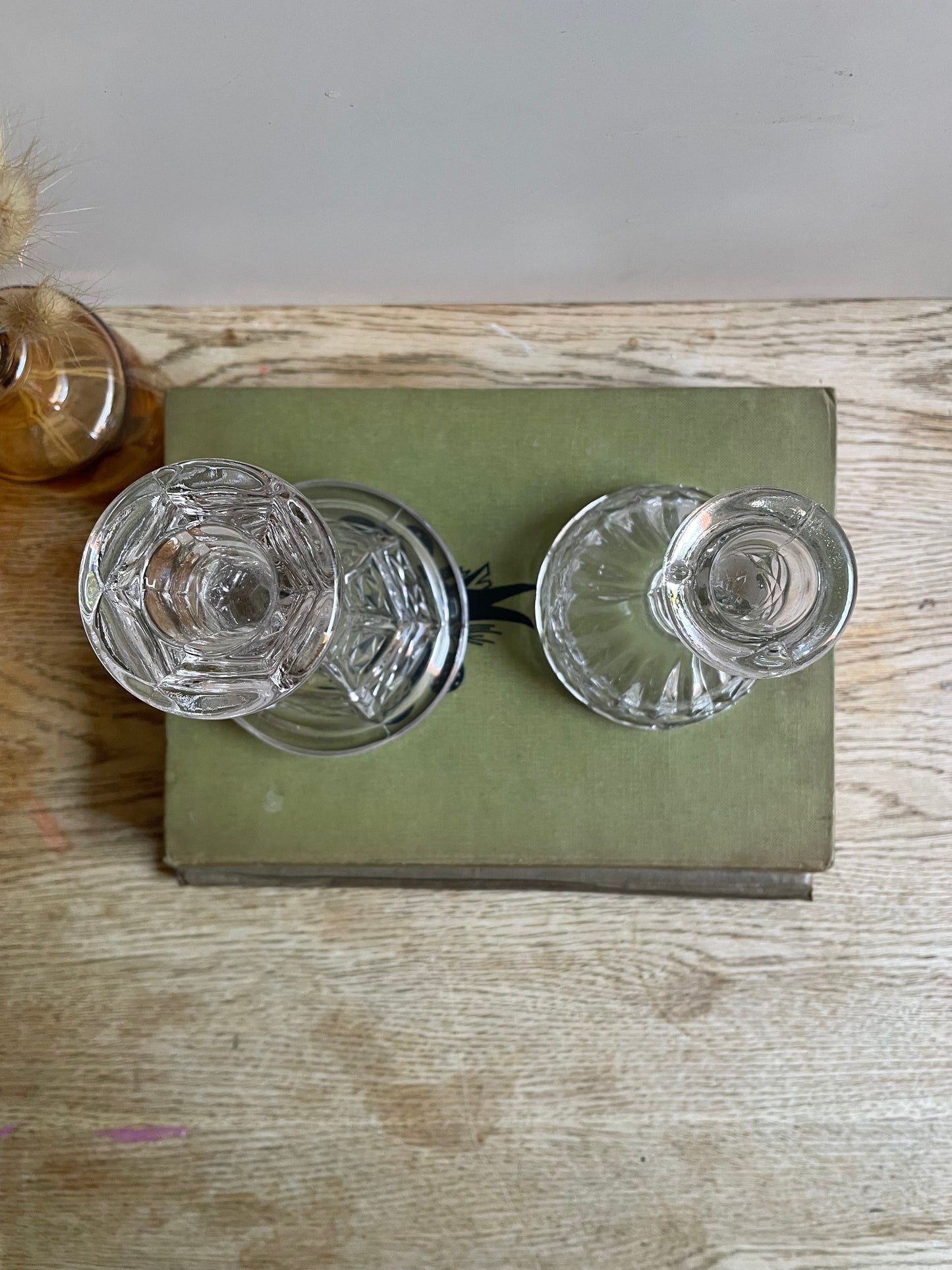 Elegant Pair of Vintage Clear Pressed Glass Candlesticks