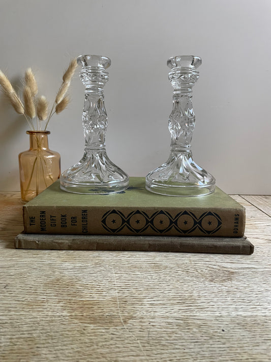 Vintage Pressed Glass Candlestick Holder Pair Mantle Table Display