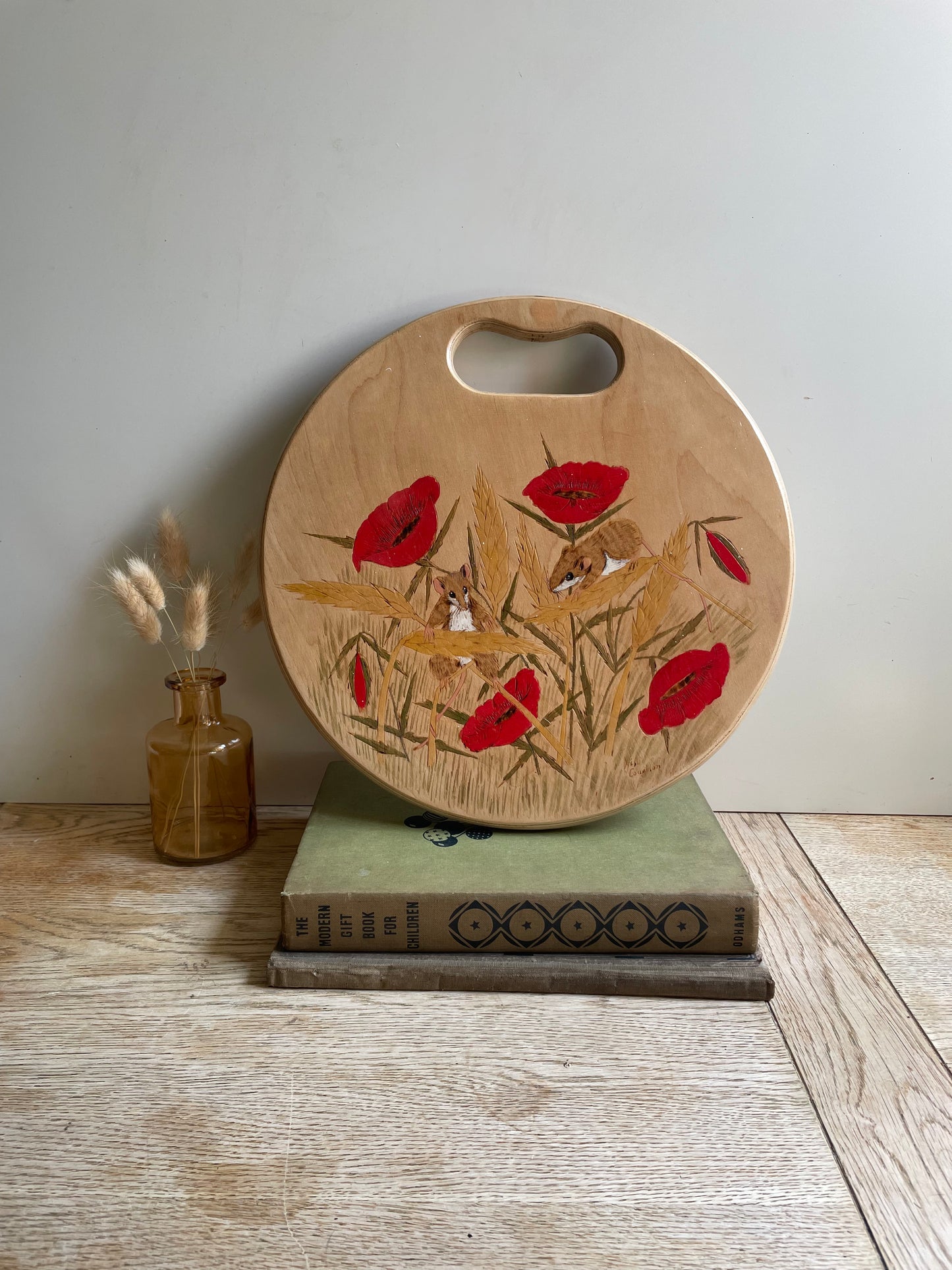 Vintage Hand-painted Wooden Board with Mice and Poppies