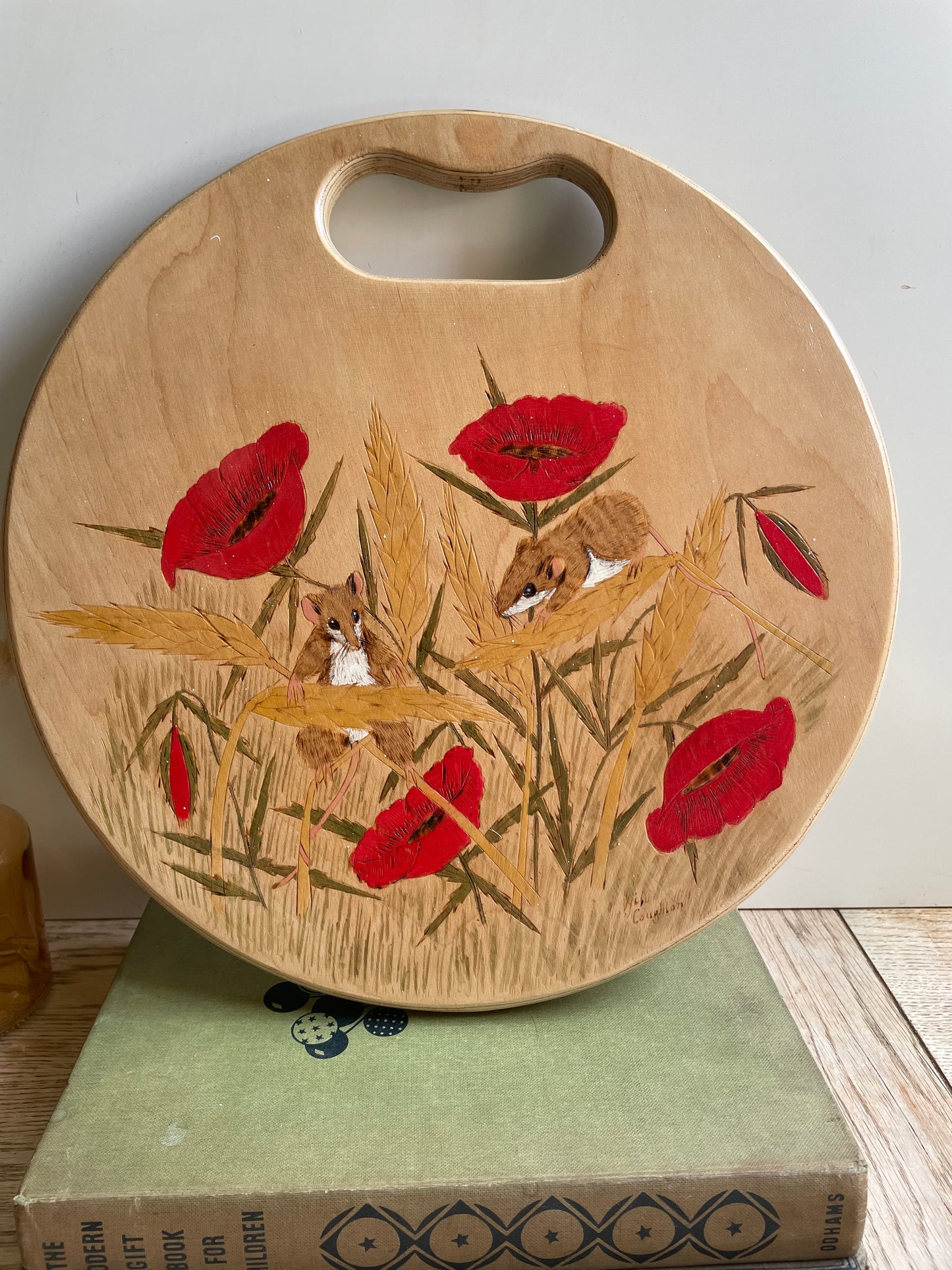 Vintage Hand-painted Wooden Board with Mice and Poppies