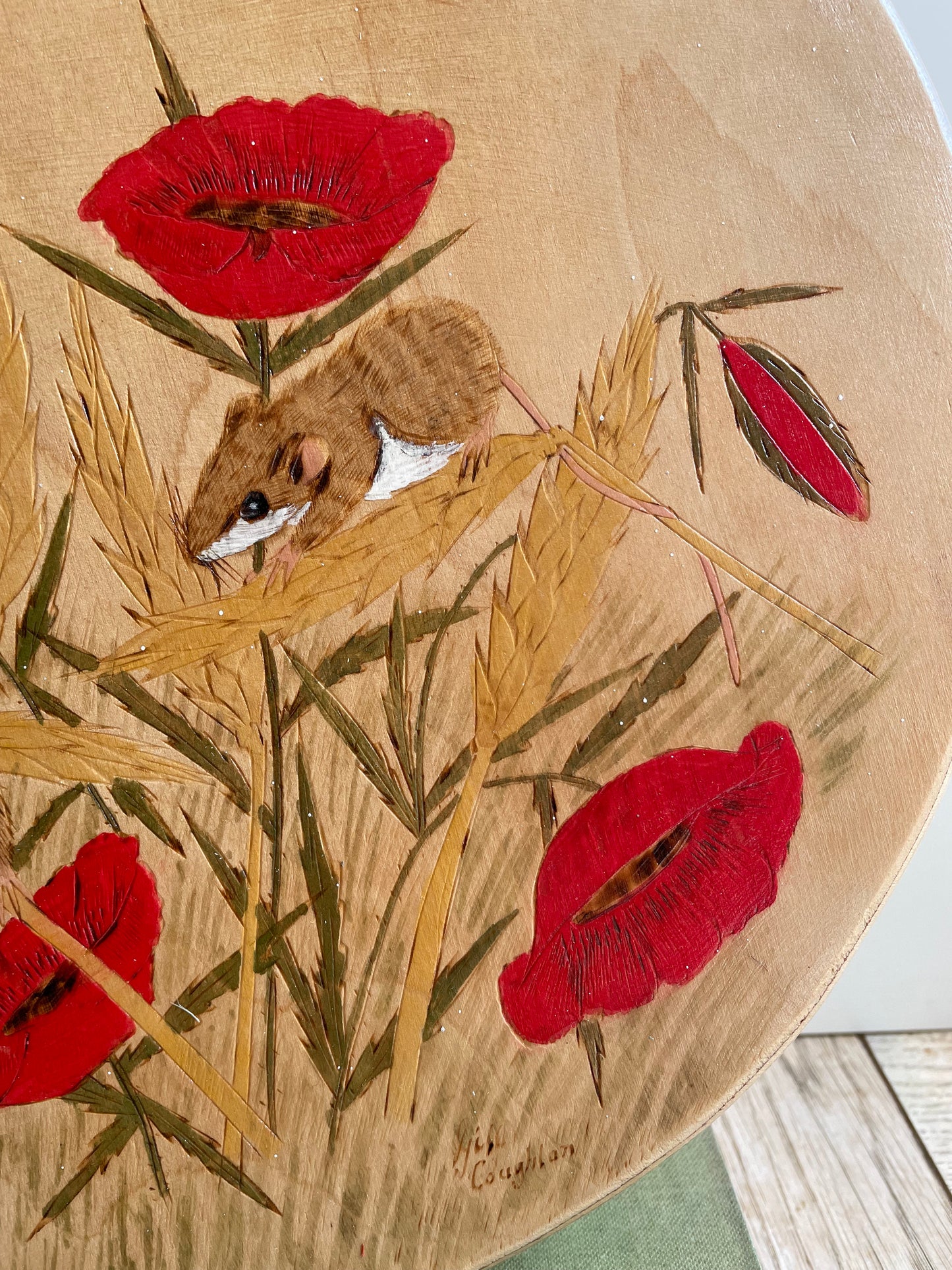 Vintage Hand-painted Wooden Board with Mice and Poppies