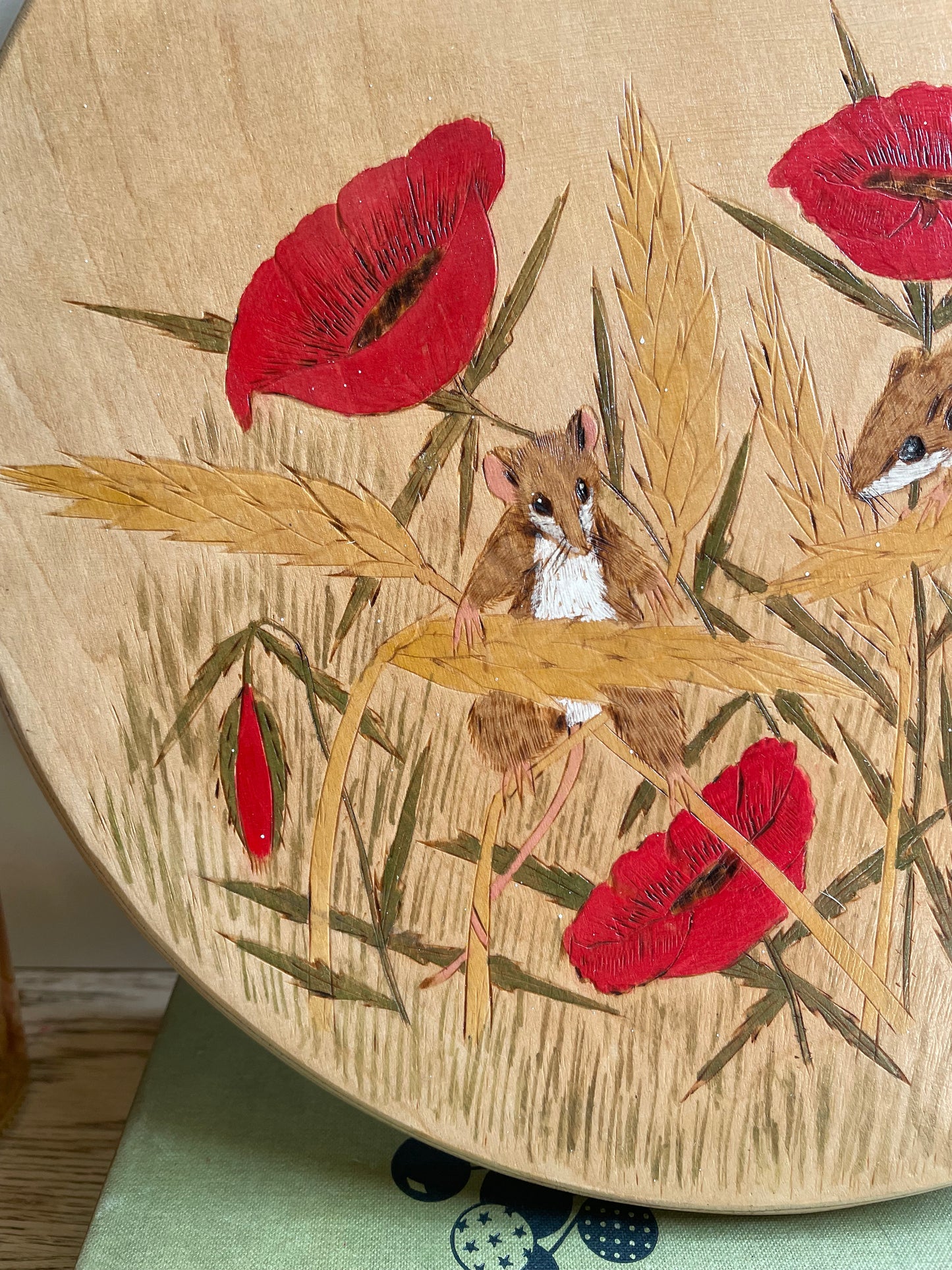 Vintage Hand-painted Wooden Board with Mice and Poppies