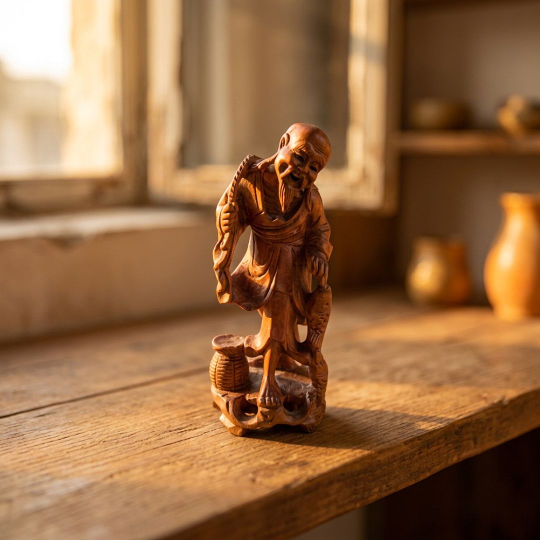 Vintage Hand-Carved Rosewood Chinese Fisherman Statue | Fine Asian Art Collectible
