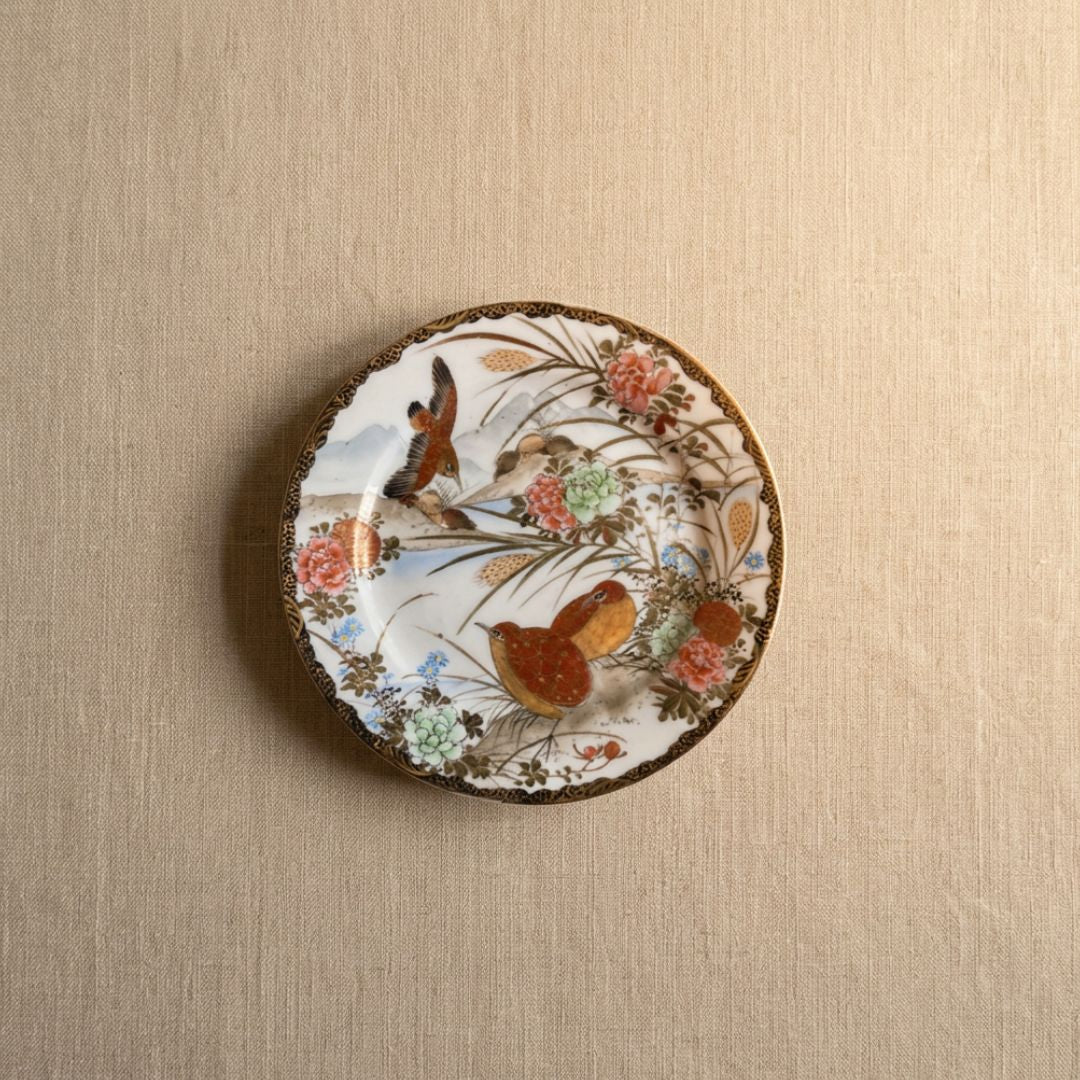 Antique Meiji Japanese Kutani Plate Hand-Painted Porcelain Quail Scene